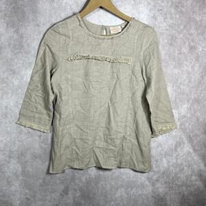 Rungolee Blouse Womens Size XS Beige Linen Fringe Trim 3/4 Sleeve Boho Lagenlook